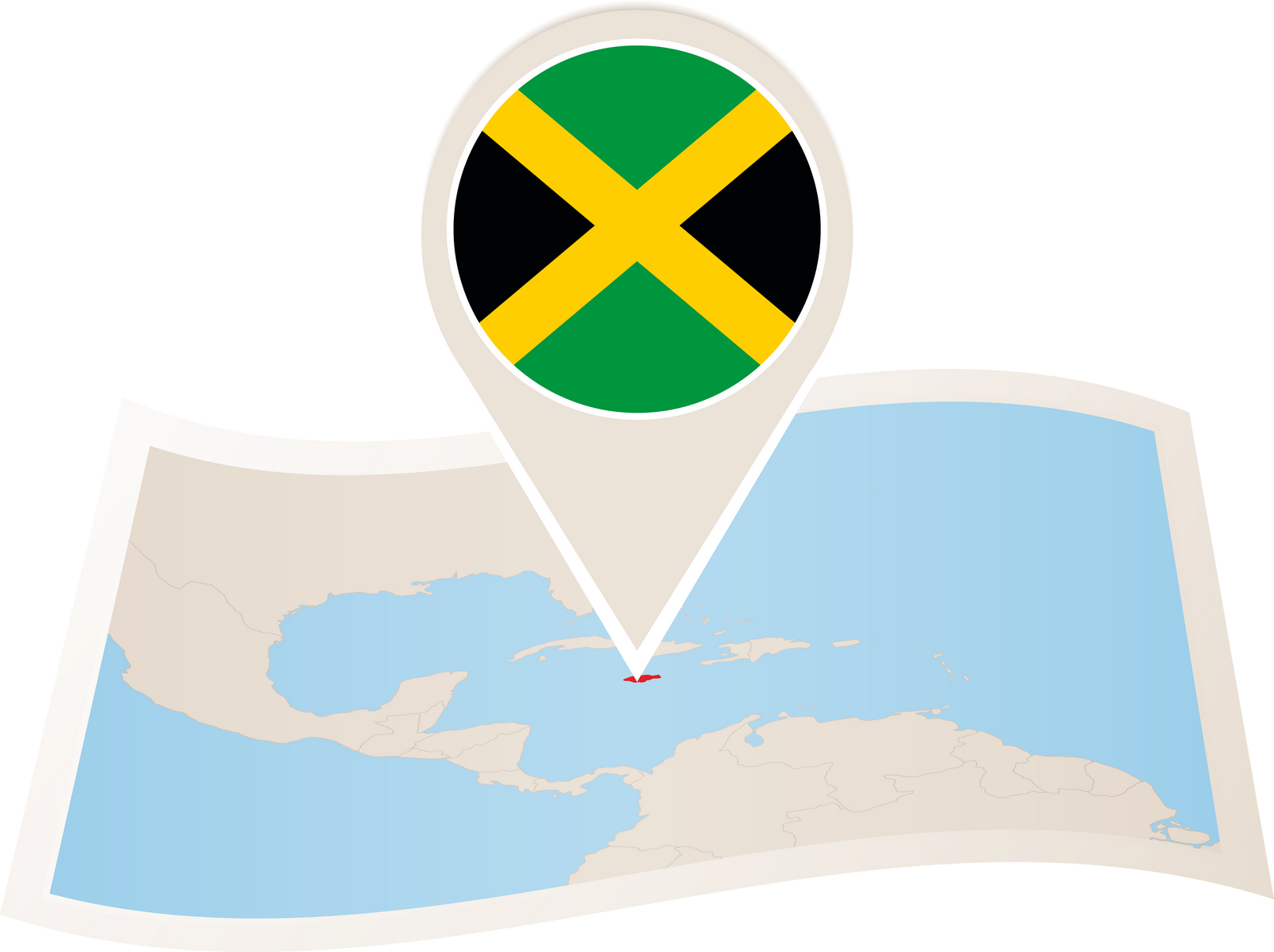 Folded paper map of Jamaica with flag pin of Jamaica.
